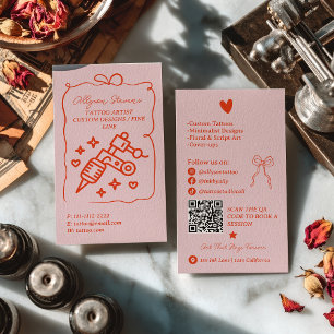 Retro Roze Rode Doodles Tattoo Artiest QR Code Visitekaartje