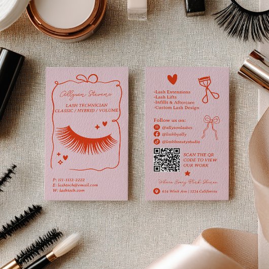 Retro Roze Rode Doodles Wimper Tech QR Code Visitekaartje