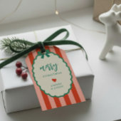 Retro roze, rode en groene gestreepte vrolijk kers cadeaulabel