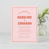 Retro Roze Rode Golvende Boho Bruiloft QR Code Kaart (Staand voorkant)