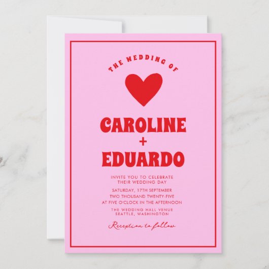 Retro Roze Rode Golvende Boho Bruiloft QR Code Kaart (Voorkant)