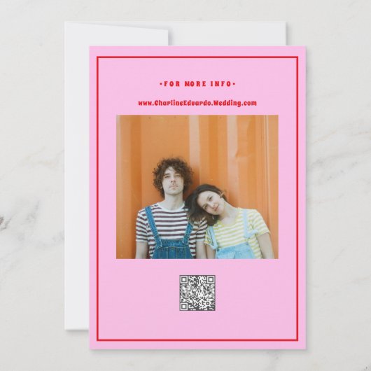 Retro Roze Rode Golvende Boho Bruiloft QR Code Kaart (Achterkant)