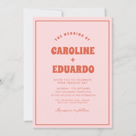 Retro Roze Rode Golvende Boho Bruiloft QR Code Kaart (Voorkant)