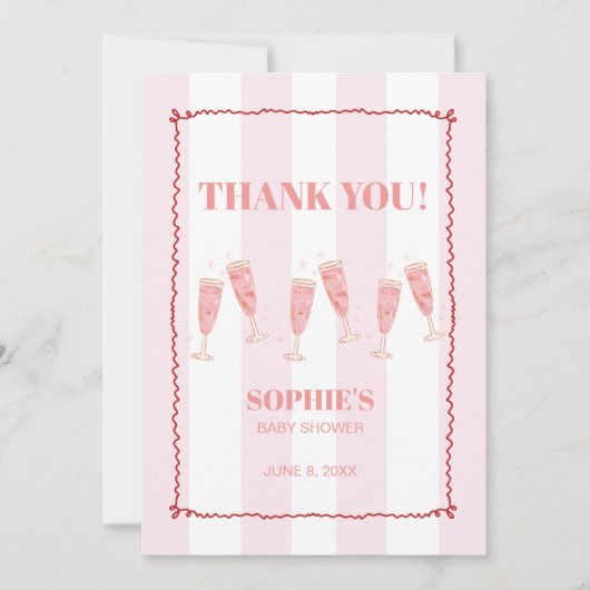 Retro Roze Rode Grens Brunch & Bubbly Baby shower Bedankkaart (Voorkant)