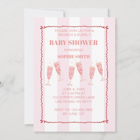 Retro Roze Rode Grens Brunch & Bubbly Baby shower Kaart (Voorkant)