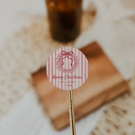 Retro Roze Rode Hand Getrokken Bow Krans Kerstmis Ronde Sticker