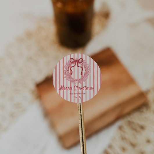 Retro Roze Rode Hand Getrokken Bow Krans Kerstmis Ronde Sticker