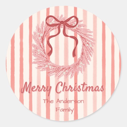 Retro Roze Rode Hand Getrokken Bow Krans Kerstmis Ronde Sticker (Voorkant)
