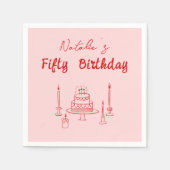 Retro Roze Rode Hand Getrokken Cake Bow 50e Verjaa Servet (Voorkant)