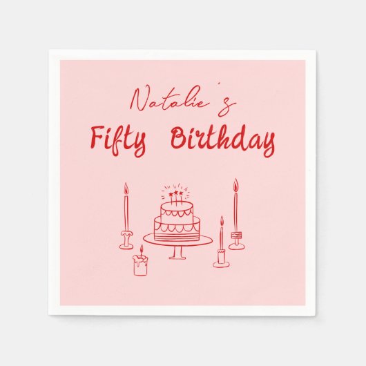 Retro Roze Rode Hand Getrokken Cake Bow 50e Verjaa Servet (Voorkant)