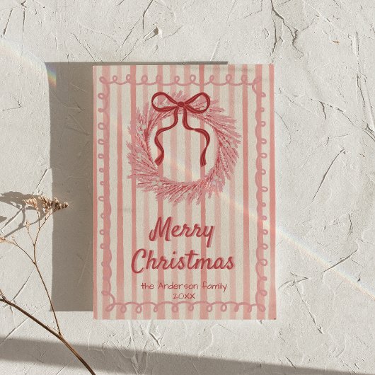 Retro Roze Rode Hand Getrokken Krans Boog Kerstmis Feestdagenkaart