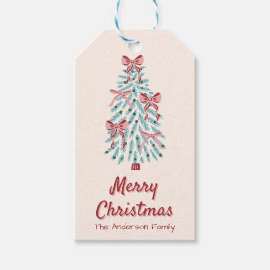 Retro Roze Rode Hand Getrokken Linten Boom Kerstmi Cadeaulabel (Voorkant)