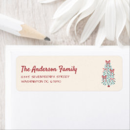 Retro Roze Rode Hand Getrokken Linten Boom Kerstmi Etiket