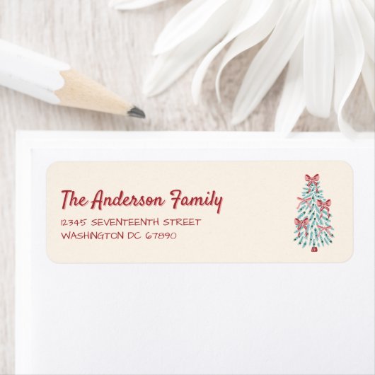 Retro Roze Rode Hand Getrokken Linten Boom Kerstmi Etiket (Insitu)