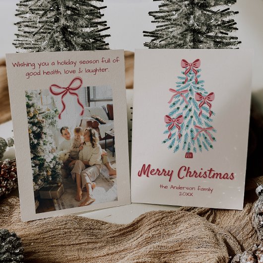 Retro Roze Rode Hand Getrokken Linten Boom Kerstmi Feestdagenkaart