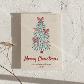 Retro Roze Rode Hand Getrokken Linten Boom Kerstmi Feestdagenkaart