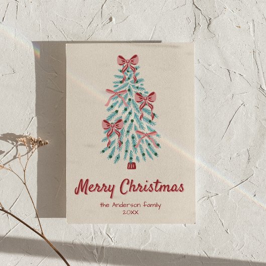 Retro Roze Rode Hand Getrokken Linten Boom Kerstmi Feestdagenkaart