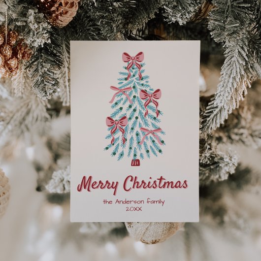Retro Roze Rode Hand Getrokken Linten Boom Kerstmi Feestdagenkaart