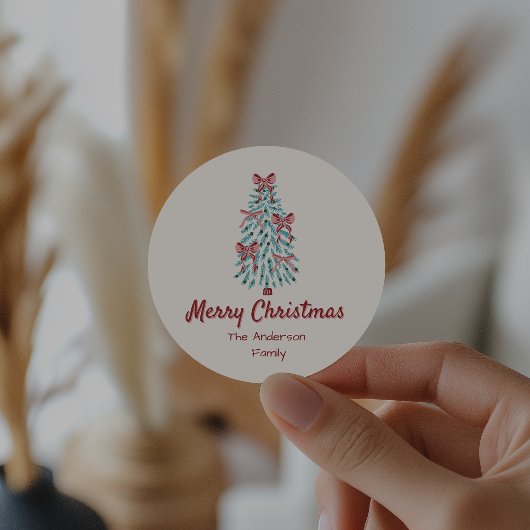 Retro Roze Rode Hand Getrokken Linten Boom Kerstmi Ronde Sticker