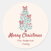 Retro Roze Rode Hand Getrokken Linten Boom Kerstmi Ronde Sticker (Voorkant)
