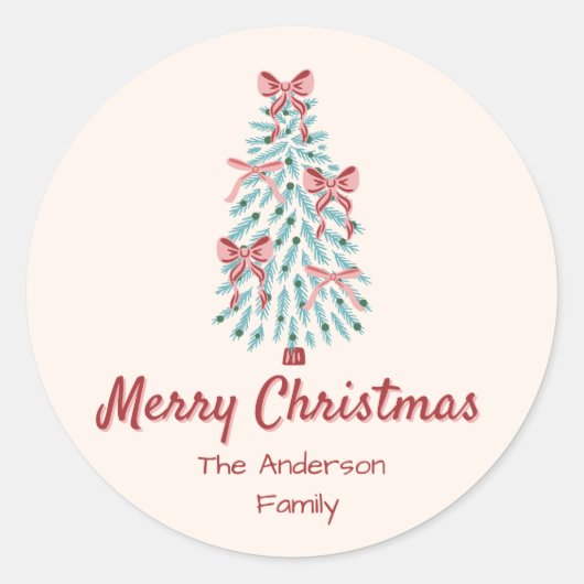 Retro Roze Rode Hand Getrokken Linten Boom Kerstmi Ronde Sticker (Voorkant)