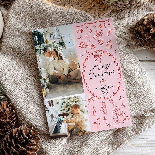 Retro Roze Rode Hand Getrokken Vrolijke Kerstmis 2 Feestdagenkaart