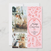 Retro Roze Rode Hand Getrokken Vrolijke Kerstmis 2 Feestdagenkaart (Voorkant)