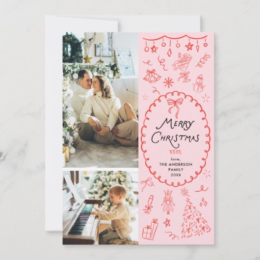 Retro Roze Rode Hand Getrokken Vrolijke Kerstmis 2 Feestdagenkaart (Voorkant)