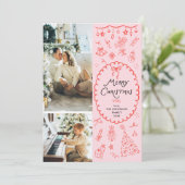 Retro Roze Rode Hand Getrokken Vrolijke Kerstmis 2 Feestdagenkaart (Staand voorkant)