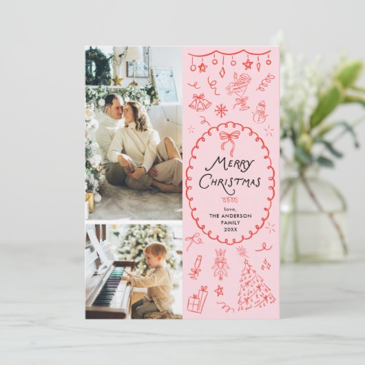 Retro Roze Rode Hand Getrokken Vrolijke Kerstmis 2 Feestdagenkaart (Staand voorkant)