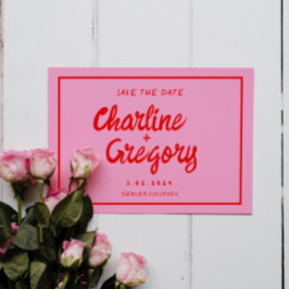Retro Roze & Rode Handgeschreven Huwelijk Bewaar d Save The Date