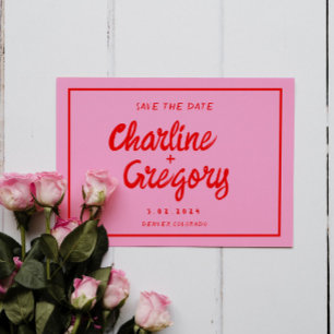 Retro Roze & Rode Handgeschreven Huwelijk Bewaar d Save The Date