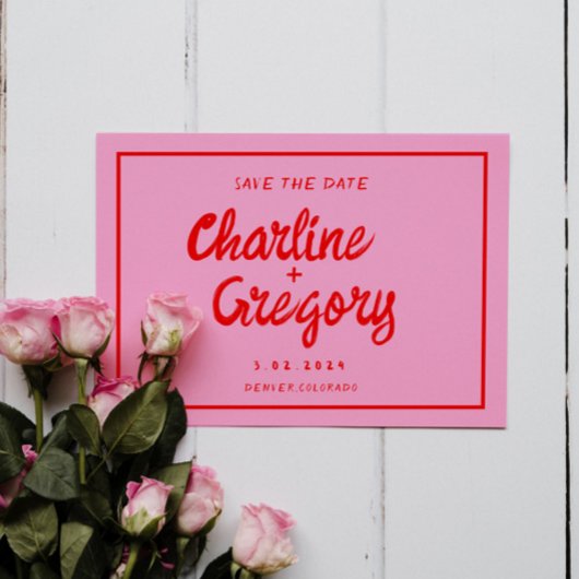 Retro Roze & Rode Handgeschreven Huwelijk Bewaar d Save The Date