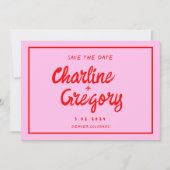 Retro Roze & Rode Handgeschreven Huwelijk Bewaar d Save The Date (Voorkant)