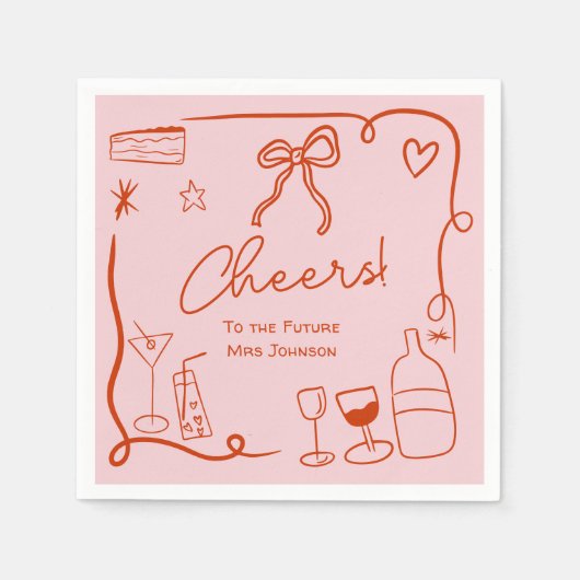 Retro roze rode handgetekende geïllustreerde bruid servet (Voorkant)