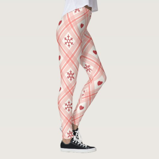 Retro Roze & Rode Hart Sneeuwvlokken Patroon Leggings (Rechts)