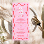 Retro roze rode kromme die de golvende bruiloft ve menu<br><div class="desc">Een cool gewaagd trouwmenu met douanenamen met hand geschreven kalligrafie en serif doopvont,  2 namen,  twee stijlen met Retro roze rode kromme die golvende bruiloft kronkelen. Alle tekst,  namen en achtergrondkleuren zijn aanpasbaar voor u om uw trouwsuite te mengen en aan te passen.</div>