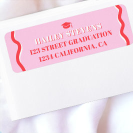 Retro roze rode kromme die golvend afstuderen kron etiket