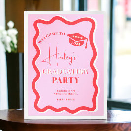 Retro roze rode kromme die golvend afstuderen kron poster