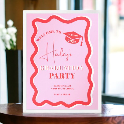 Retro roze rode kromme die golvend afstuderen kron poster