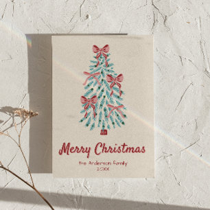 Retro roze rode linten kerstboom niet-foto feestdagenkaart