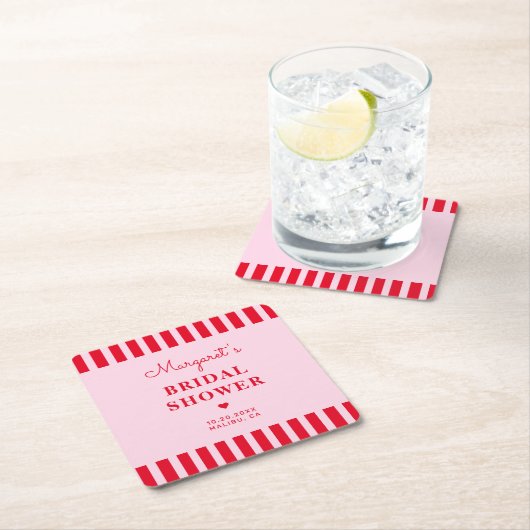 Retro Roze & Rode Strepen Bruiloft Custom Kartonnen Onderzetters (Insitu)