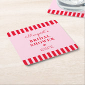 Retro Roze & Rode Strepen Bruiloft Custom Kartonnen Onderzetters (Schuin)