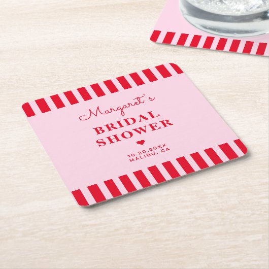 Retro Roze & Rode Strepen Bruiloft Custom Kartonnen Onderzetters (Schuin)