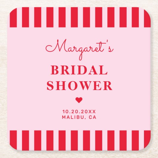 Retro Roze & Rode Strepen Bruiloft Custom Kartonnen Onderzetters (Voorkant)