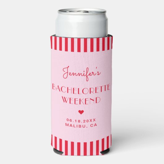 Retro Roze & Rode Strepen Bruiloft Custom Seltzer Blikjeskoeler (Seltzer Achterkant)