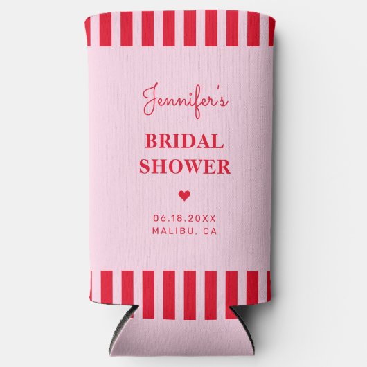 Retro Roze & Rode Strepen Bruiloft Custom Seltzer Blikjeskoeler (Voorkant)