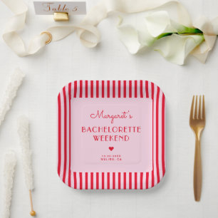 Retro Roze & Rode Strepen Meidenavond Papieren Bordje