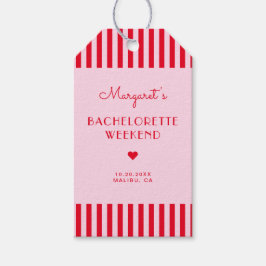 Retro roze & rode strepen vrijgezellenweekend cadeaulabel