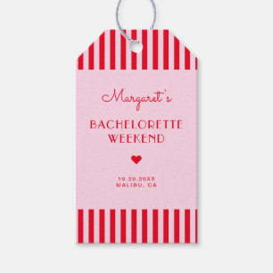 Retro roze & rode strepen vrijgezellenweekend cadeaulabel
